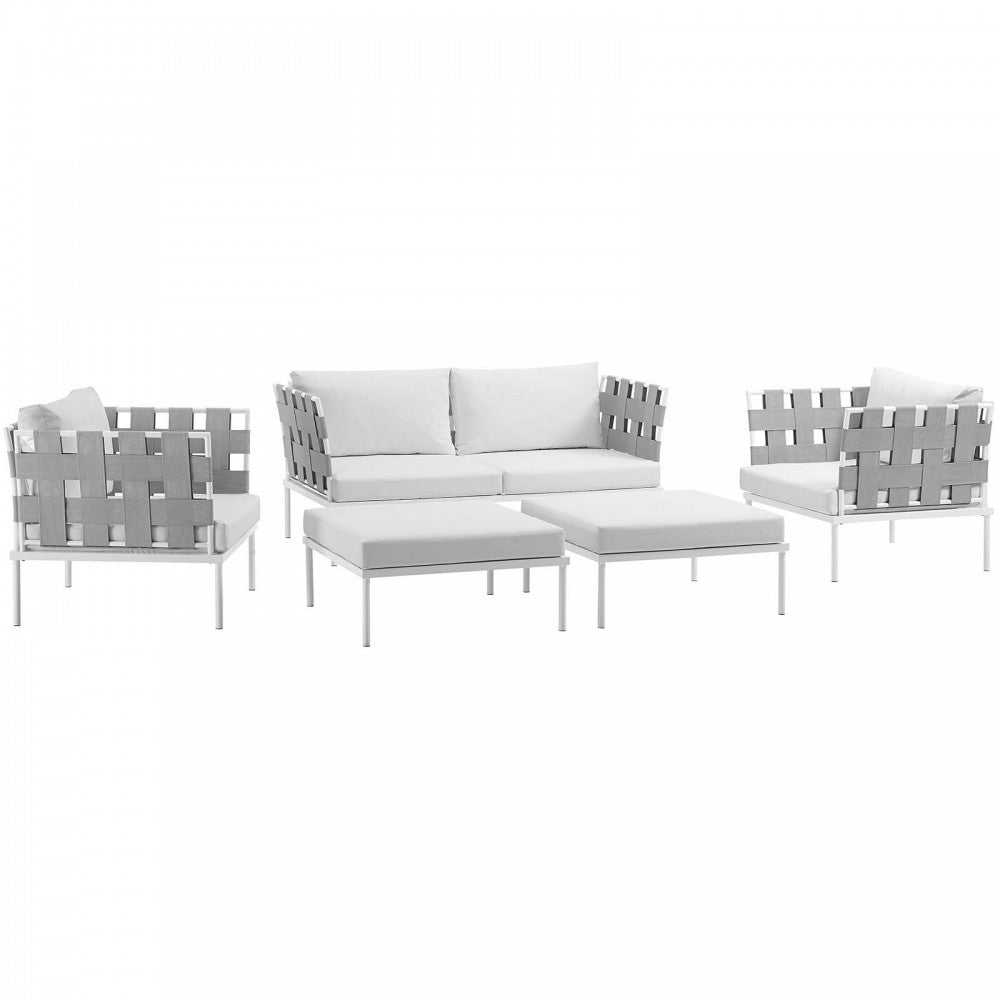 Harmony 5 Piece Outdoor Patio Aluminum Sectional Sofa Set, White White, EEI-2621-WHI-WHI-SET