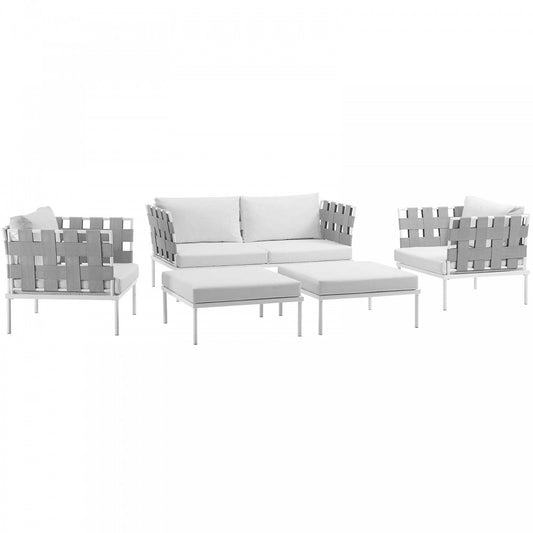 Harmony 5 Piece Outdoor Patio Aluminum Sectional Sofa Set, White White, EEI-2621-WHI-WHI-SET