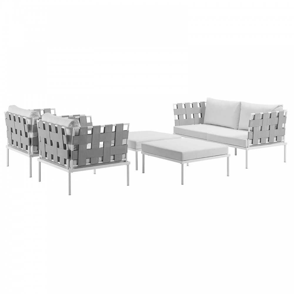 Harmony 5 Piece Outdoor Patio Aluminum Sectional Sofa Set, White White, EEI-2621-WHI-WHI-SET