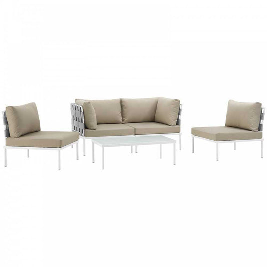 Harmony 5 Piece Outdoor Patio Aluminum Sectional Sofa Set, White Beige, EEI-2622-WHI-BEI-SET