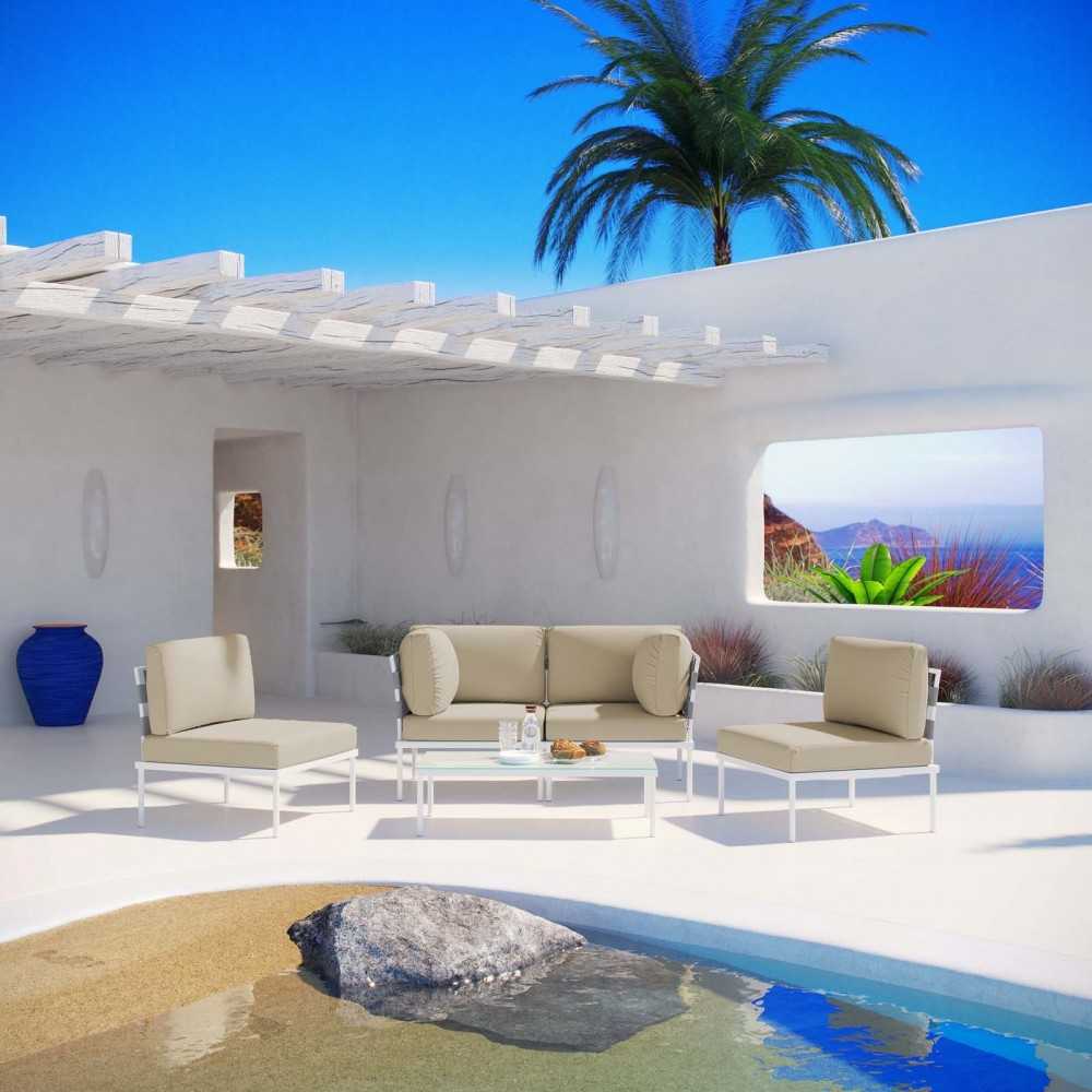 Harmony 5 Piece Outdoor Patio Aluminum Sectional Sofa Set, White Beige, EEI-2622-WHI-BEI-SET