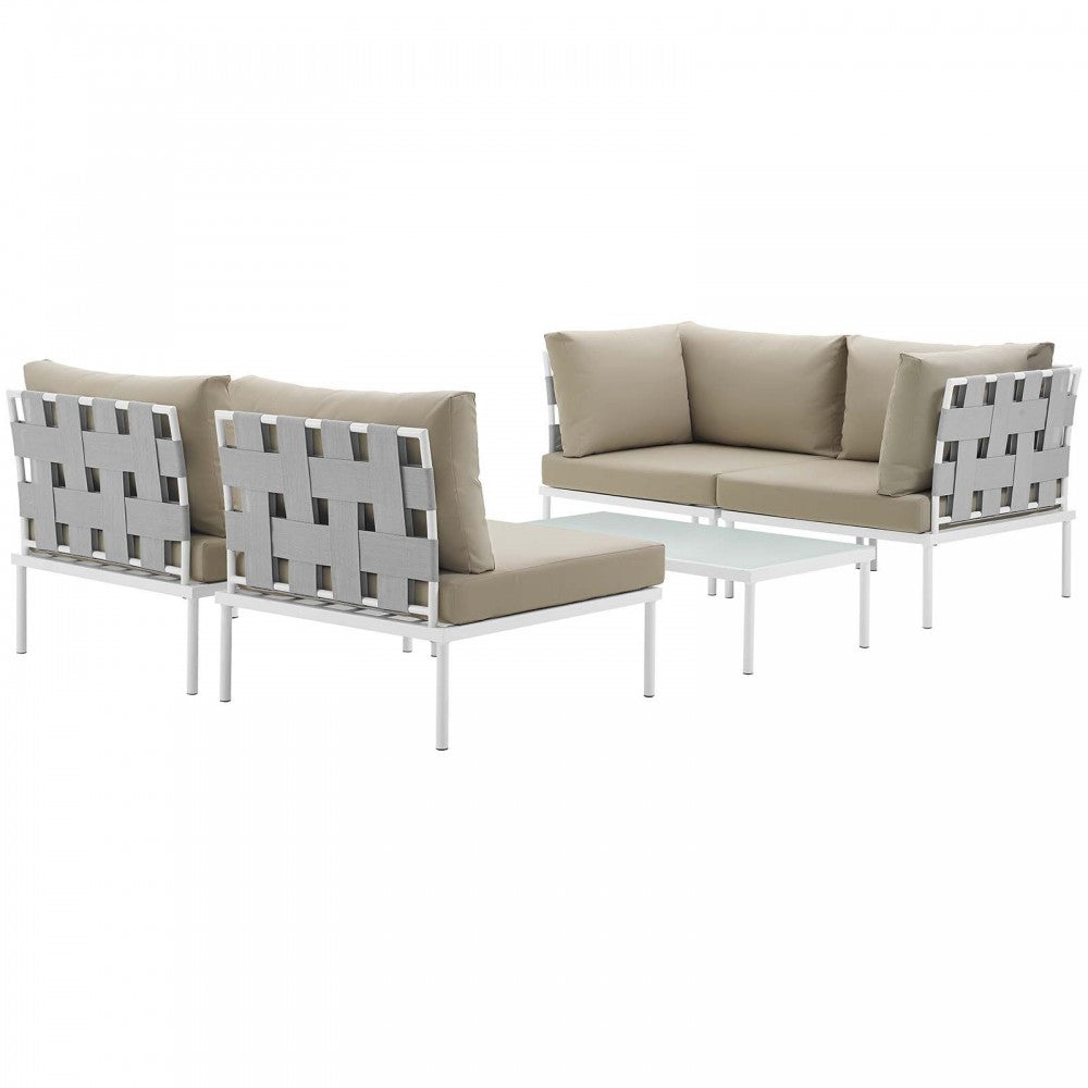 Harmony 5 Piece Outdoor Patio Aluminum Sectional Sofa Set, White Beige, EEI-2622-WHI-BEI-SET