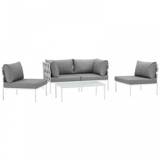 Harmony 5 Piece Outdoor Patio Aluminum Sectional Sofa Set, White Gray, EEI-2622-WHI-GRY-SET