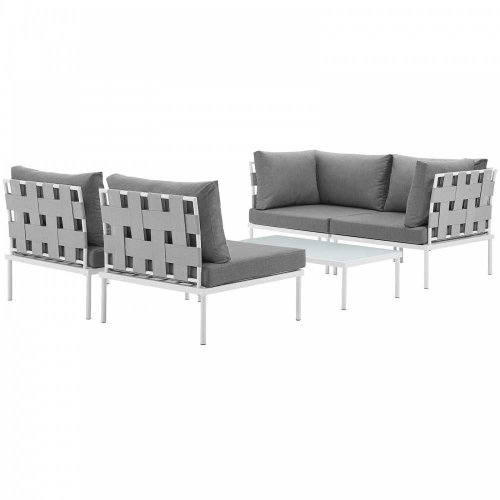 Harmony 5 Piece Outdoor Patio Aluminum Sectional Sofa Set, White Gray, EEI-2622-WHI-GRY-SET