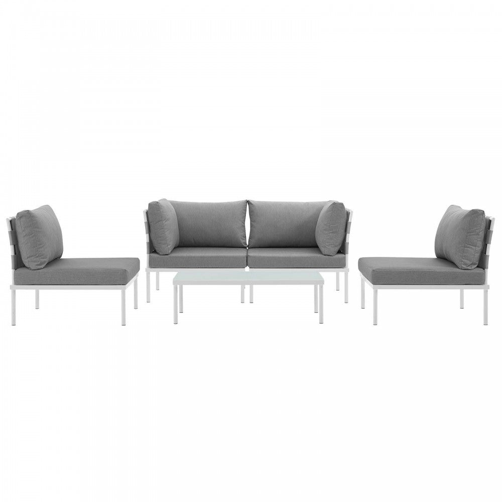 Harmony 5 Piece Outdoor Patio Aluminum Sectional Sofa Set, White Gray, EEI-2622-WHI-GRY-SET