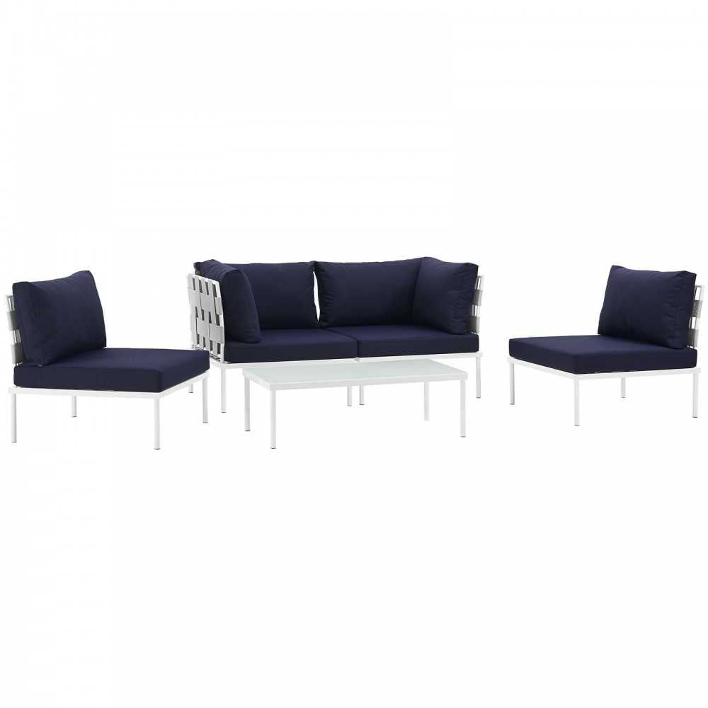 Harmony 5 Piece Outdoor Patio Aluminum Sectional Sofa Set, White Navy, EEI-2622-WHI-NAV-SET
