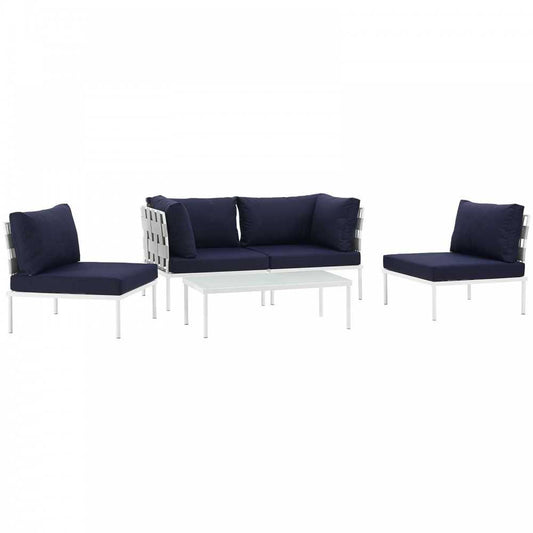 Harmony 5 Piece Outdoor Patio Aluminum Sectional Sofa Set, White Navy, EEI-2622-WHI-NAV-SET