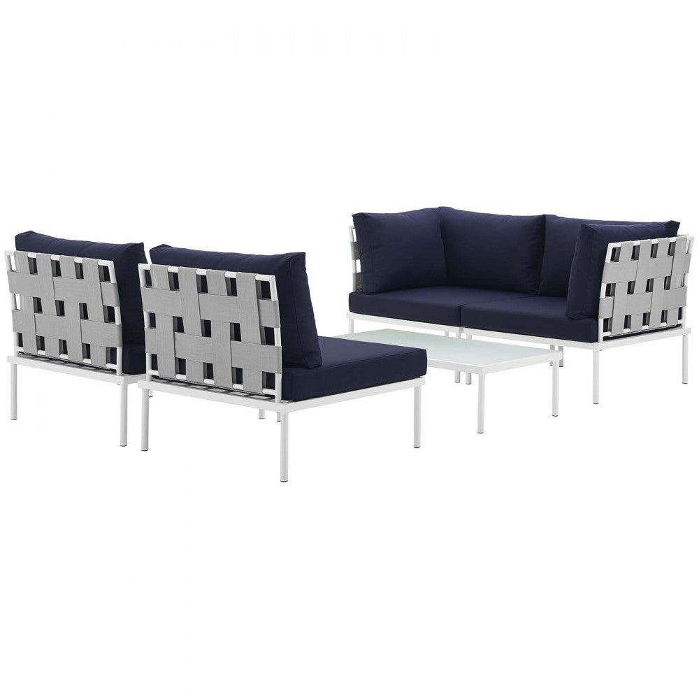 Harmony 5 Piece Outdoor Patio Aluminum Sectional Sofa Set, White Navy, EEI-2622-WHI-NAV-SET