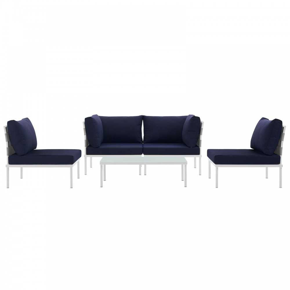 Harmony 5 Piece Outdoor Patio Aluminum Sectional Sofa Set, White Navy, EEI-2622-WHI-NAV-SET