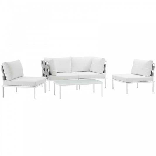 Harmony 5 Piece Outdoor Patio Aluminum Sectional Sofa Set, White White, EEI-2622-WHI-WHI-SET