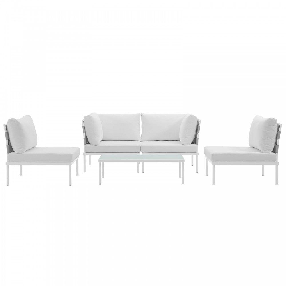 Harmony 5 Piece Outdoor Patio Aluminum Sectional Sofa Set, White White, EEI-2622-WHI-WHI-SET