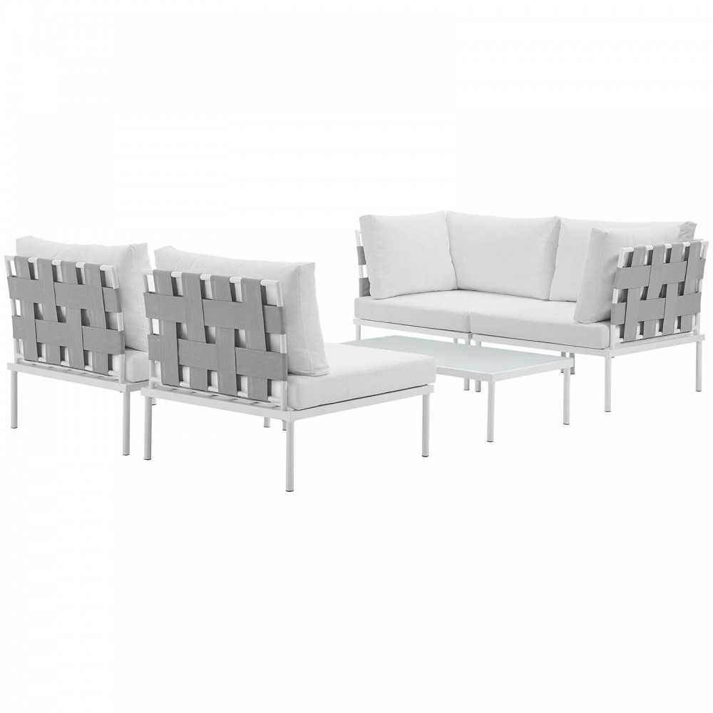 Harmony 5 Piece Outdoor Patio Aluminum Sectional Sofa Set, White White, EEI-2622-WHI-WHI-SET