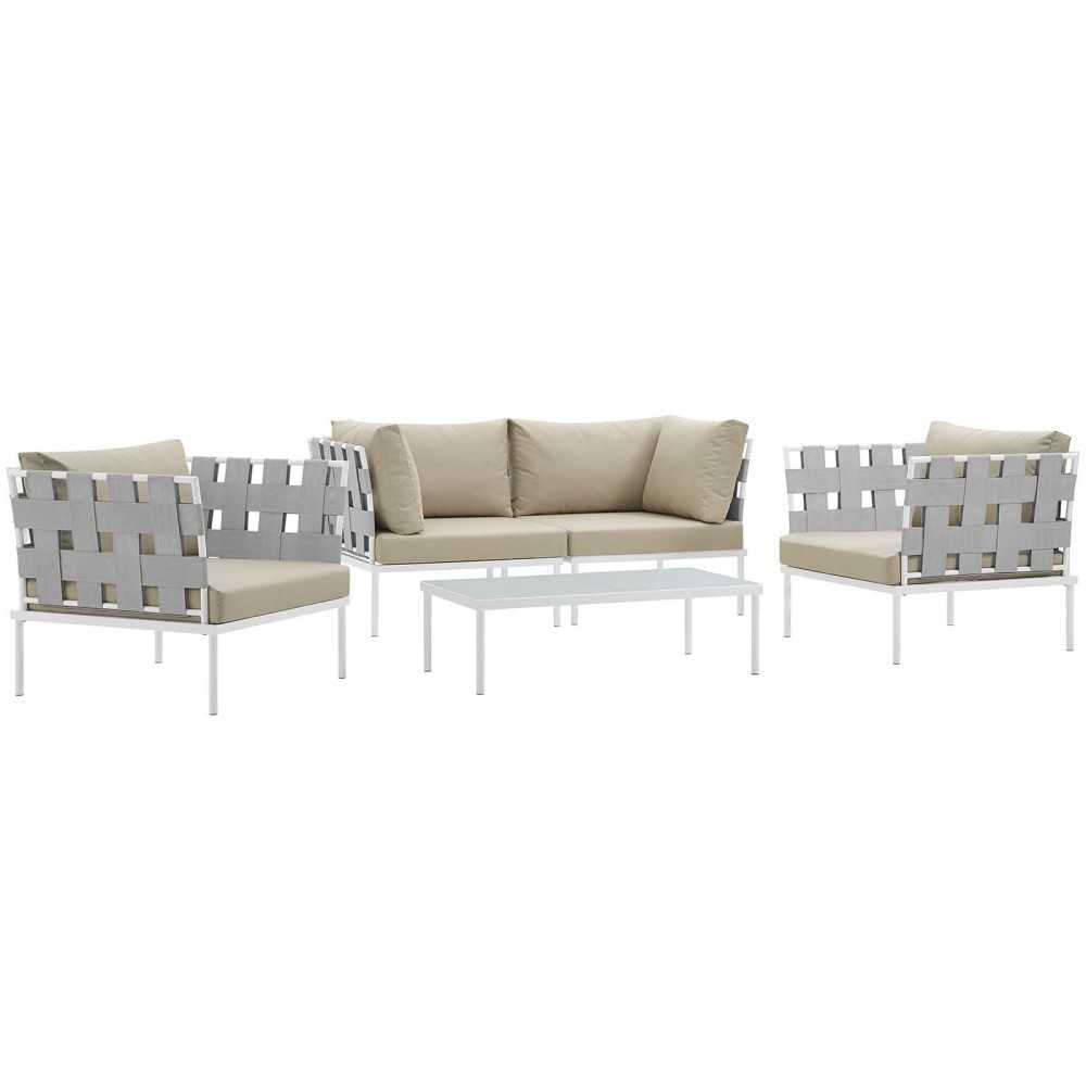 Harmony 5 Piece Outdoor Patio Aluminum Sectional Sofa Set, White Beige