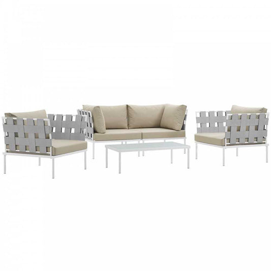 Harmony 5 Piece Outdoor Patio Aluminum Sectional Sofa Set, White Beige