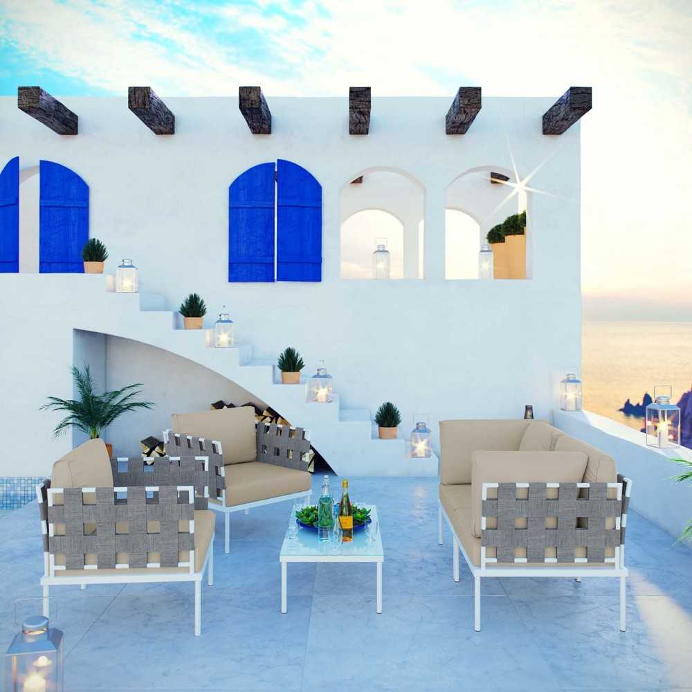 Harmony 5 Piece Outdoor Patio Aluminum Sectional Sofa Set, White Beige