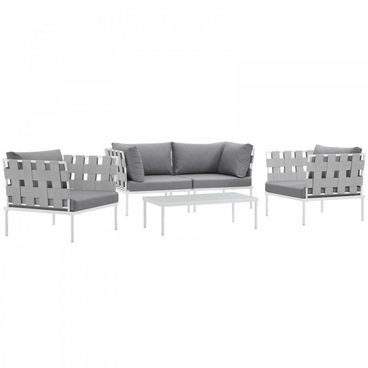 Harmony 5 Piece Outdoor Patio Aluminum Sectional Sofa Set, White Gray