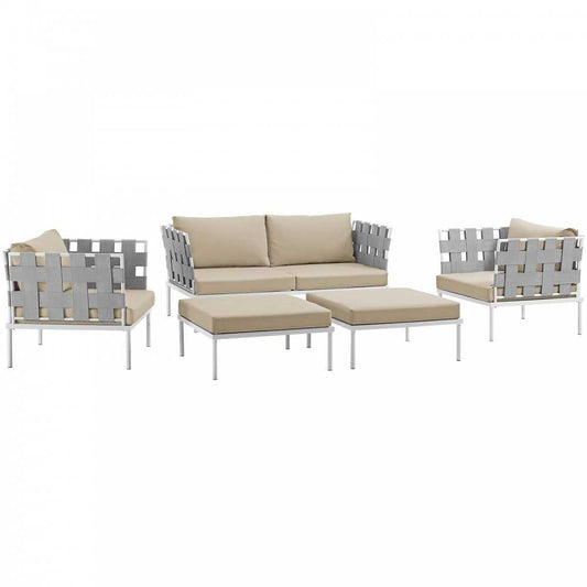 Harmony 5 Piece Outdoor Patio Aluminum Sectional Sofa Set, White Beige, EEI-2621-WHI-BEI-SET