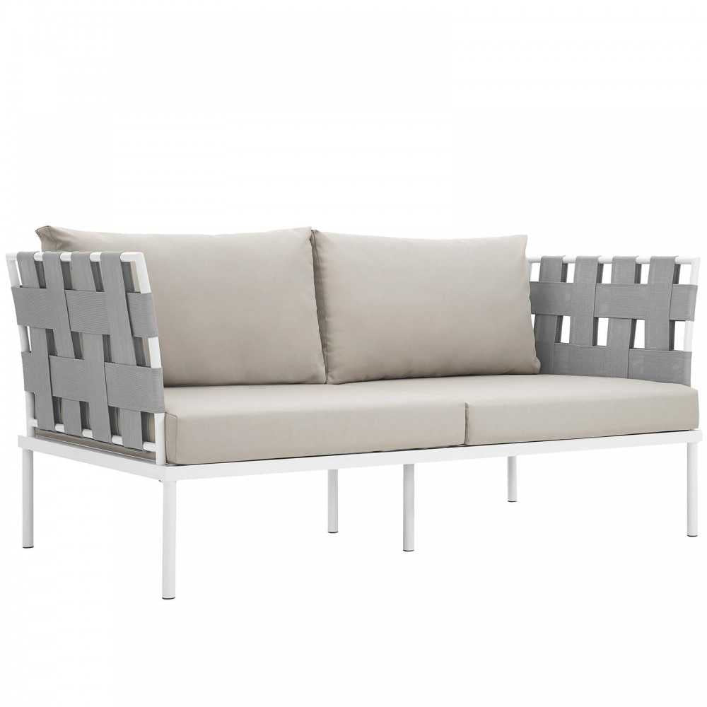 Harmony 5 Piece Outdoor Patio Aluminum Sectional Sofa Set, White Beige, EEI-2621-WHI-BEI-SET