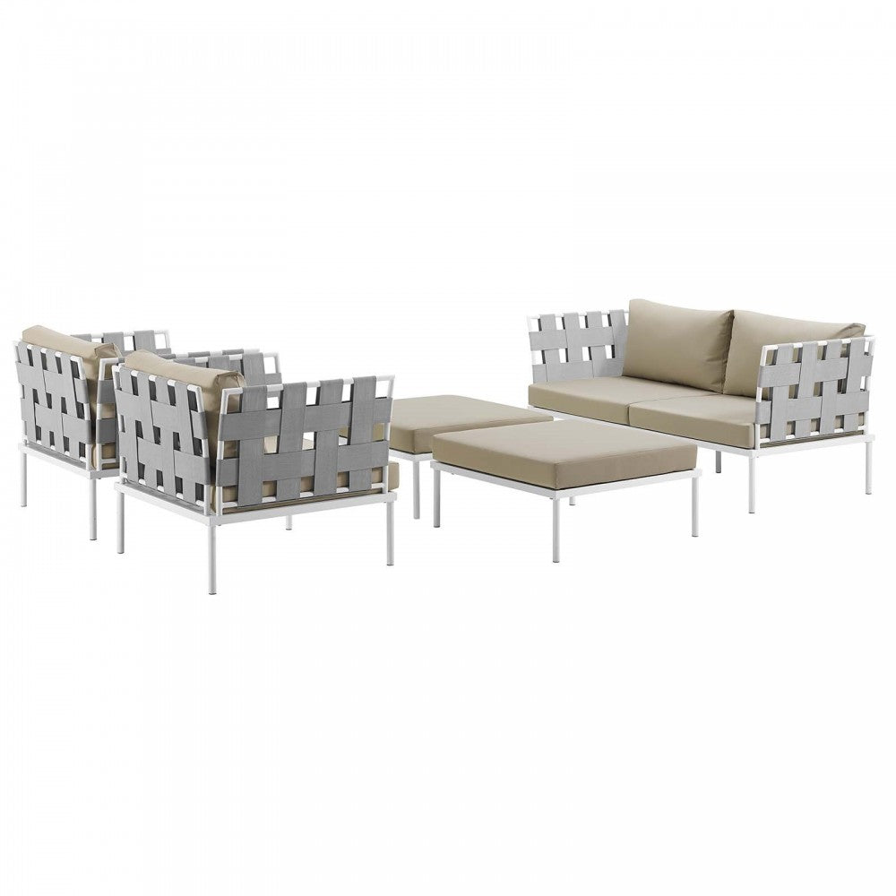Harmony 5 Piece Outdoor Patio Aluminum Sectional Sofa Set, White Beige, EEI-2621-WHI-BEI-SET