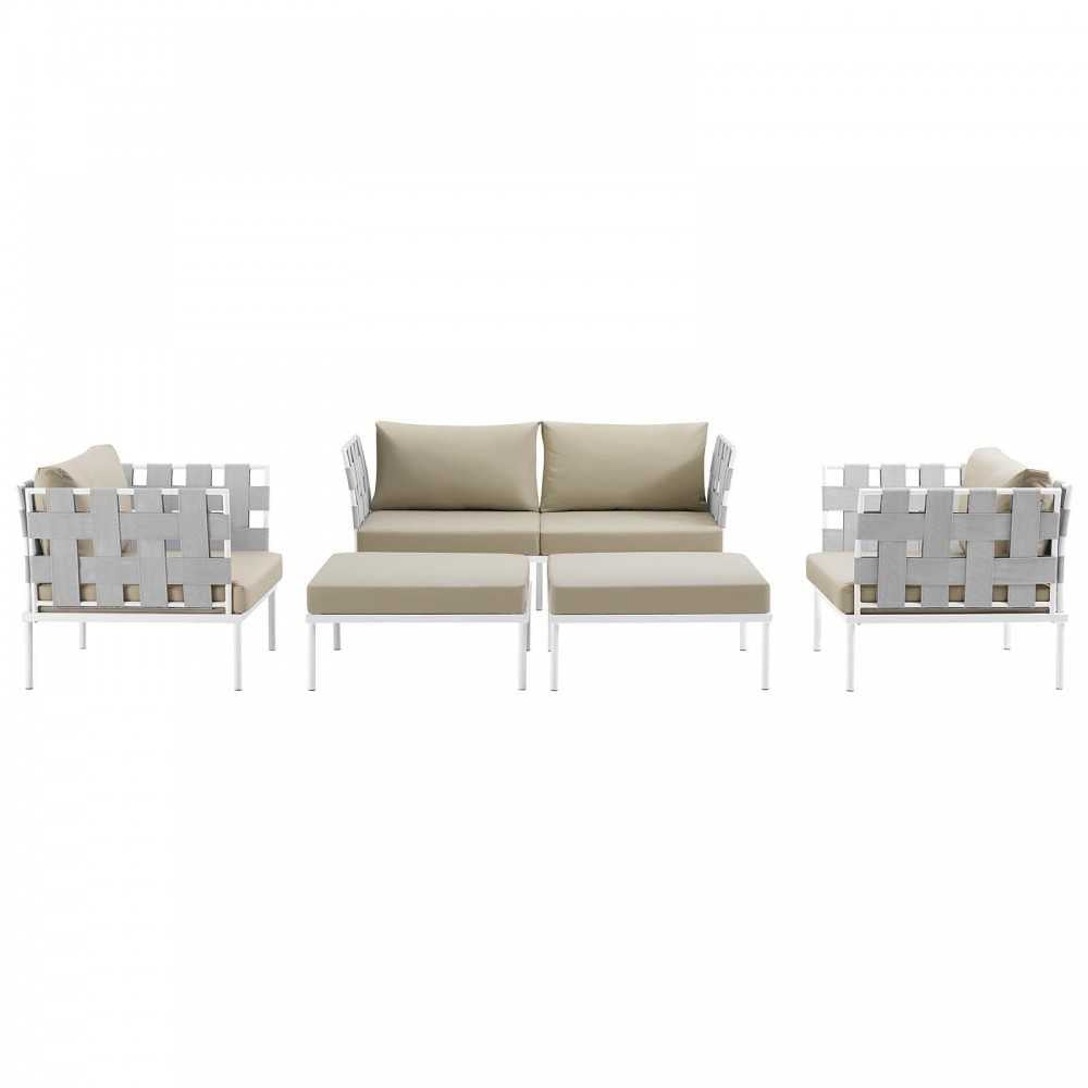 Harmony 5 Piece Outdoor Patio Aluminum Sectional Sofa Set, White Beige, EEI-2621-WHI-BEI-SET