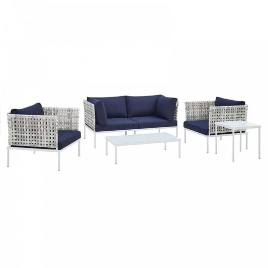 Harmony 5-Piece Sunbrella Basket Weave Outdoor Patio Aluminum Seating Set, Taupe Navy