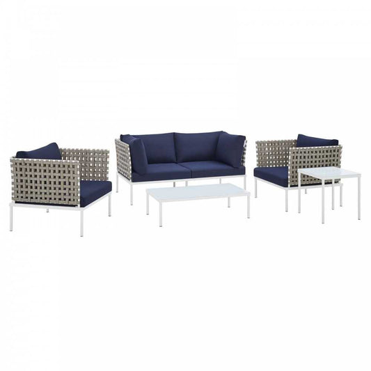 Harmony 5-Piece Sunbrella Basket Weave Outdoor Patio Aluminum Seating Set, Tan Navy