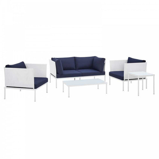 Harmony 5-Piece Sunbrella Outdoor Patio Aluminum Furniture Set, White Navy