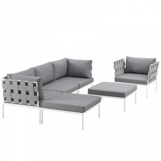 Harmony 6 Piece Outdoor Patio Aluminum Sectional Sofa Set, White Gray, EEI-2626-WHI-GRY-SET