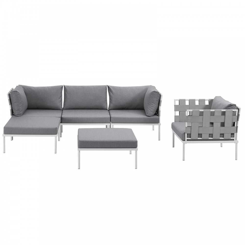 Harmony 6 Piece Outdoor Patio Aluminum Sectional Sofa Set, White Gray, EEI-2626-WHI-GRY-SET