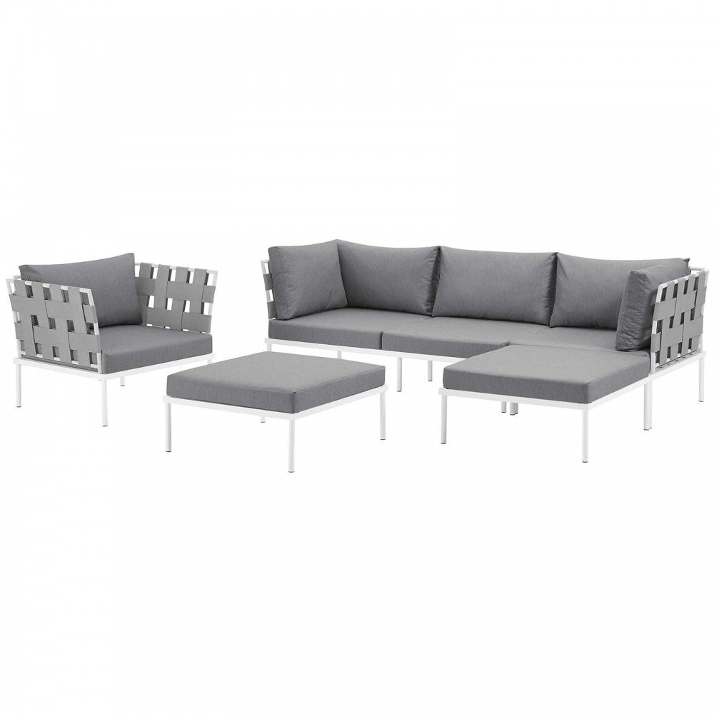 Harmony 6 Piece Outdoor Patio Aluminum Sectional Sofa Set, White Gray, EEI-2626-WHI-GRY-SET