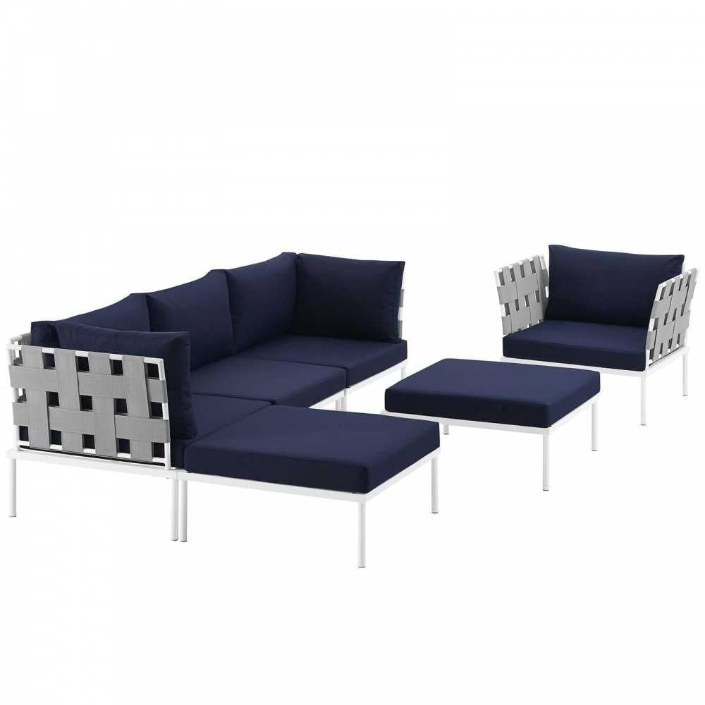 Harmony 6 Piece Outdoor Patio Aluminum Sectional Sofa Set, White Navy, EEI-2626-WHI-NAV-SET