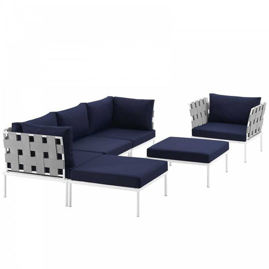 Harmony 6 Piece Outdoor Patio Aluminum Sectional Sofa Set, White Navy, EEI-2626-WHI-NAV-SET