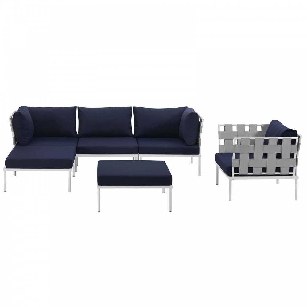 Harmony 6 Piece Outdoor Patio Aluminum Sectional Sofa Set, White Navy, EEI-2626-WHI-NAV-SET