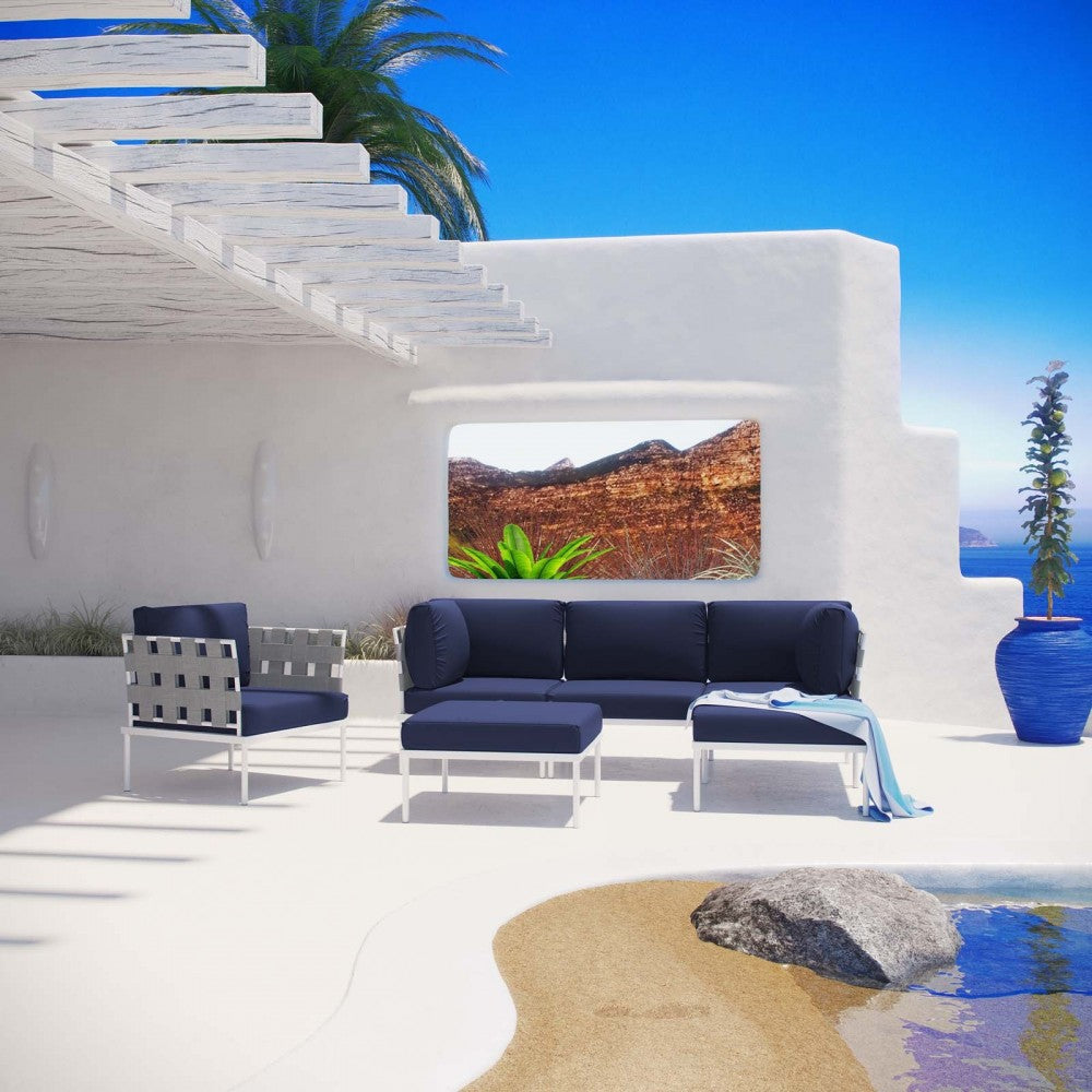 Harmony 6 Piece Outdoor Patio Aluminum Sectional Sofa Set, White Navy, EEI-2626-WHI-NAV-SET