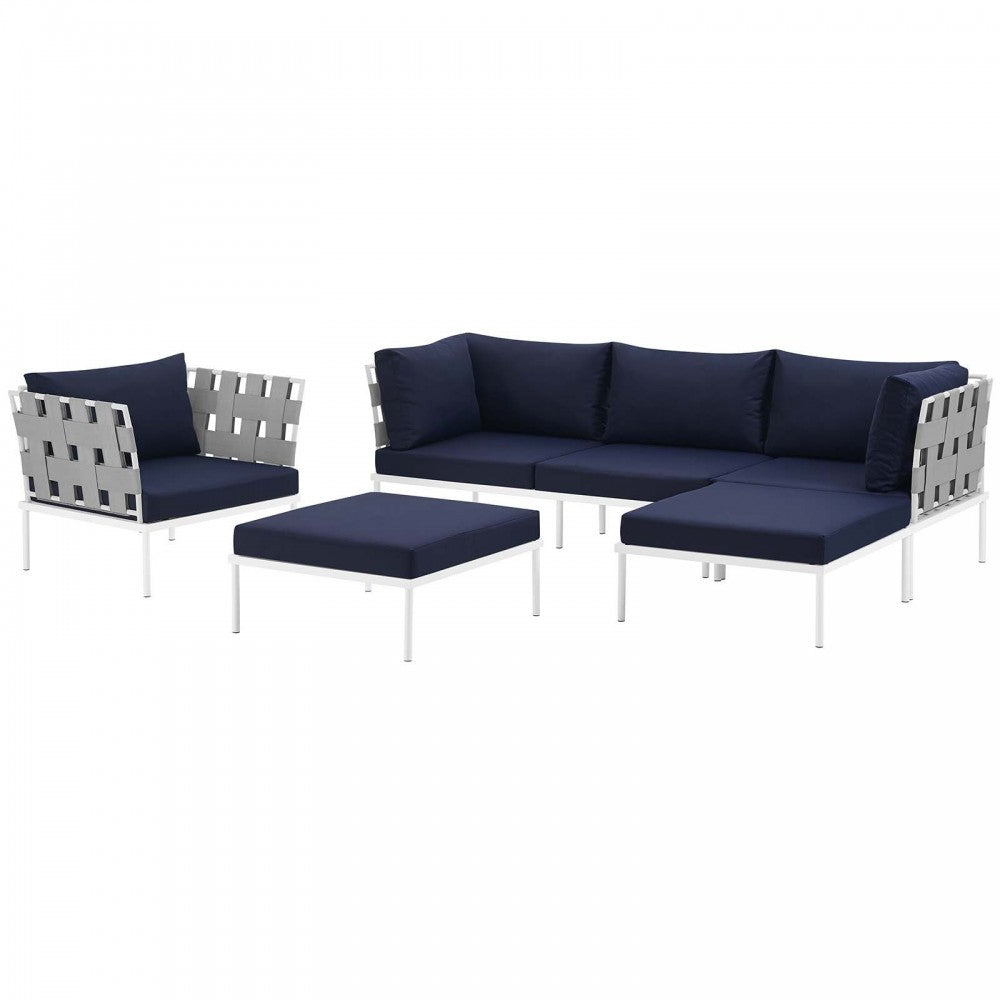 Harmony 6 Piece Outdoor Patio Aluminum Sectional Sofa Set, White Navy, EEI-2626-WHI-NAV-SET
