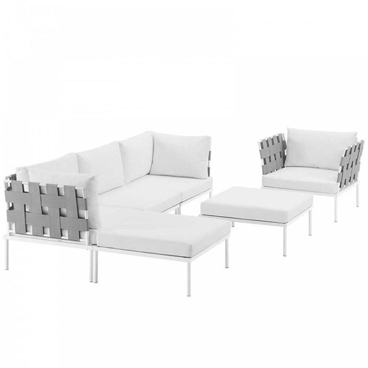 Harmony 6 Piece Outdoor Patio Aluminum Sectional Sofa Set, White White, EEI-2626-WHI-WHI-SET