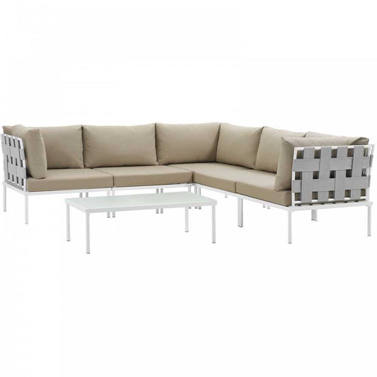 Harmony 6 Piece Outdoor Patio Aluminum Sectional Sofa Set, White Beige, EEI-2627-WHI-BEI-SET