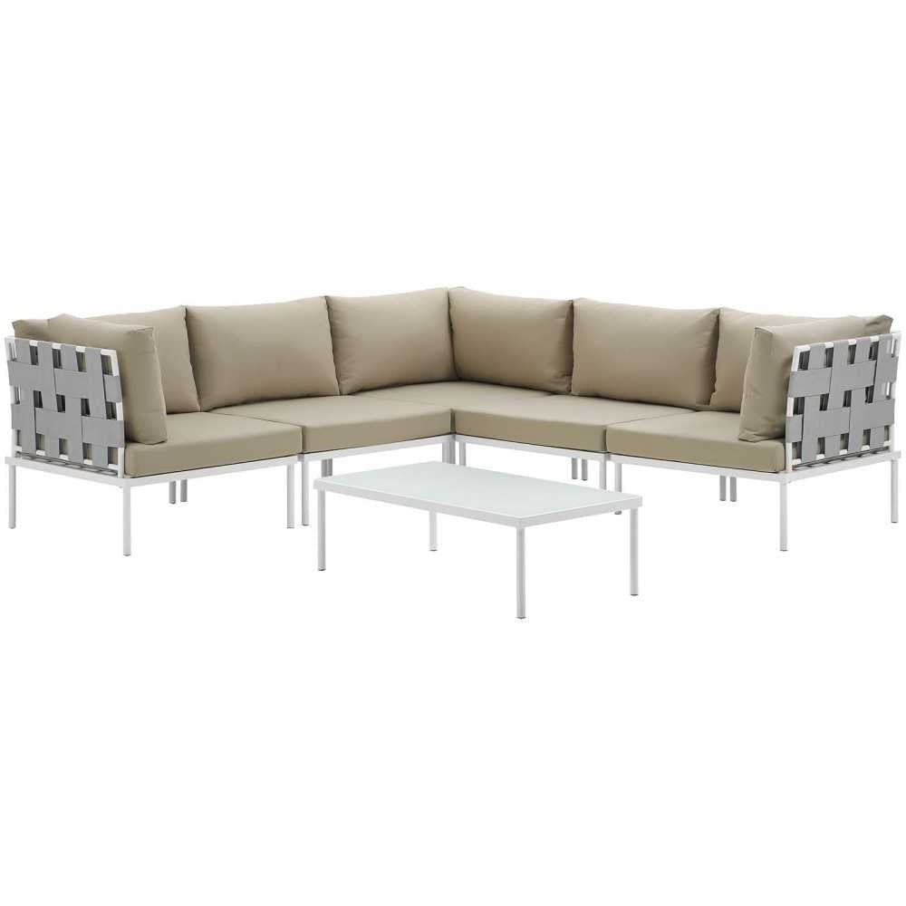 Harmony 6 Piece Outdoor Patio Aluminum Sectional Sofa Set, White Beige, EEI-2627-WHI-BEI-SET
