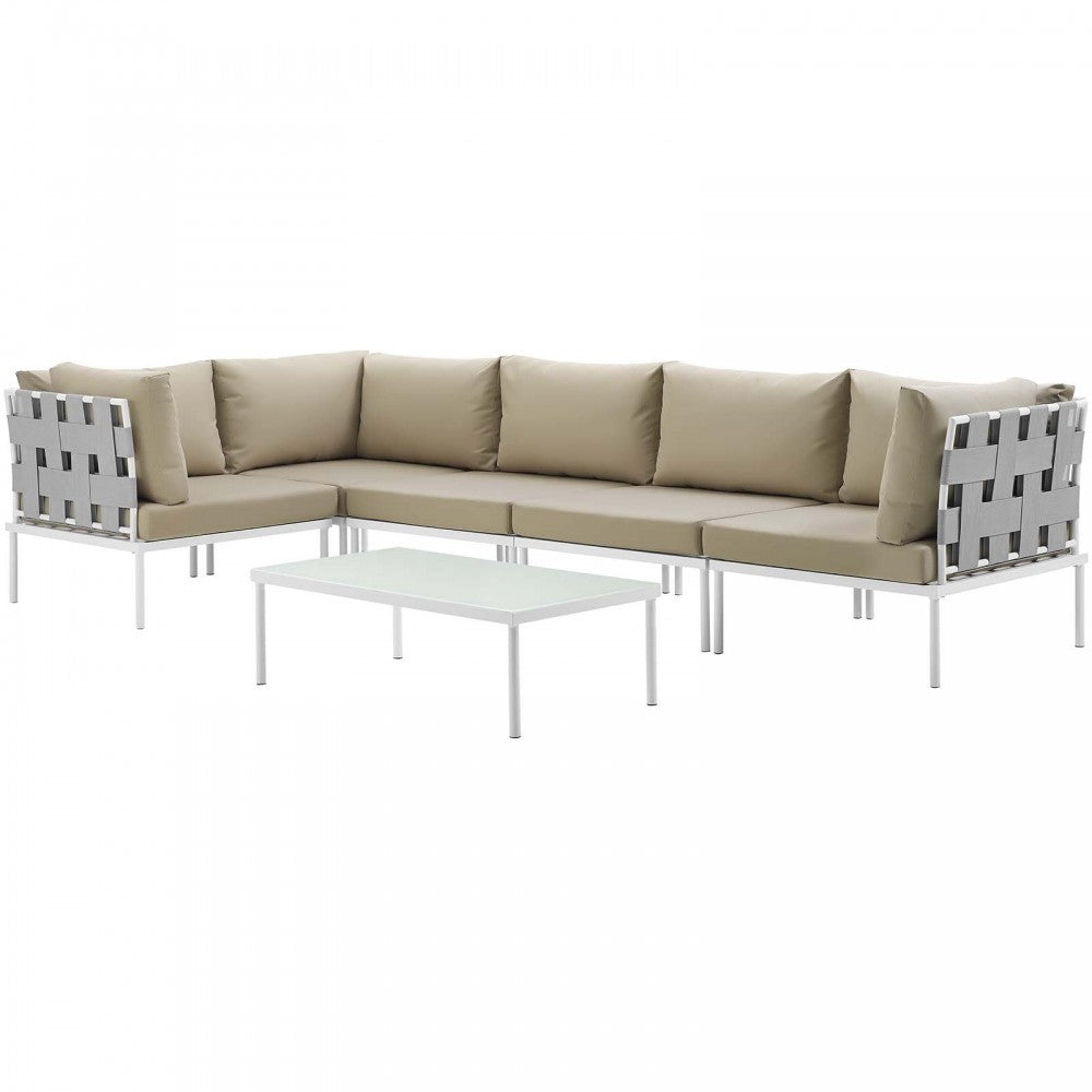 Harmony 6 Piece Outdoor Patio Aluminum Sectional Sofa Set, White Beige, EEI-2627-WHI-BEI-SET