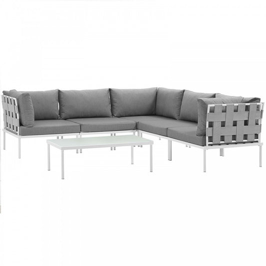 Harmony 6 Piece Outdoor Patio Aluminum Sectional Sofa Set, White Gray, EEI-2627-WHI-GRY-SET