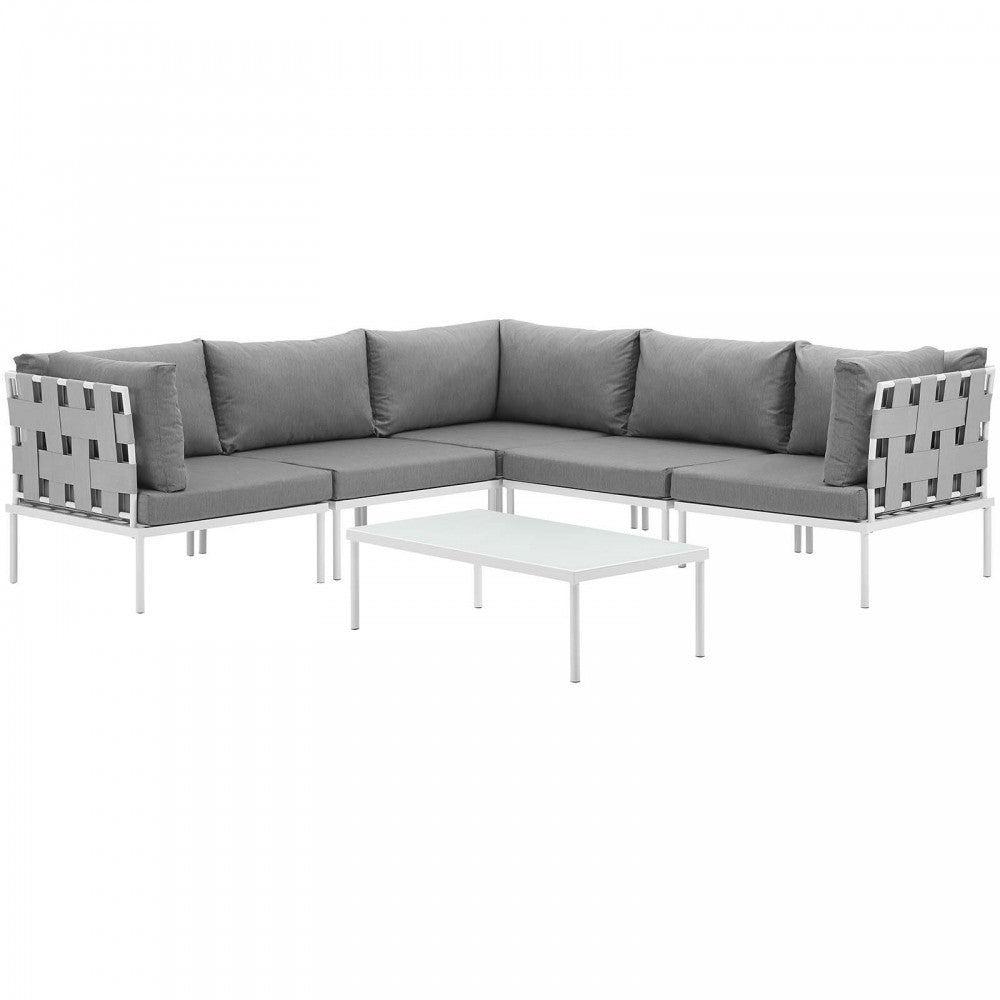 Harmony 6 Piece Outdoor Patio Aluminum Sectional Sofa Set, White Gray, EEI-2627-WHI-GRY-SET