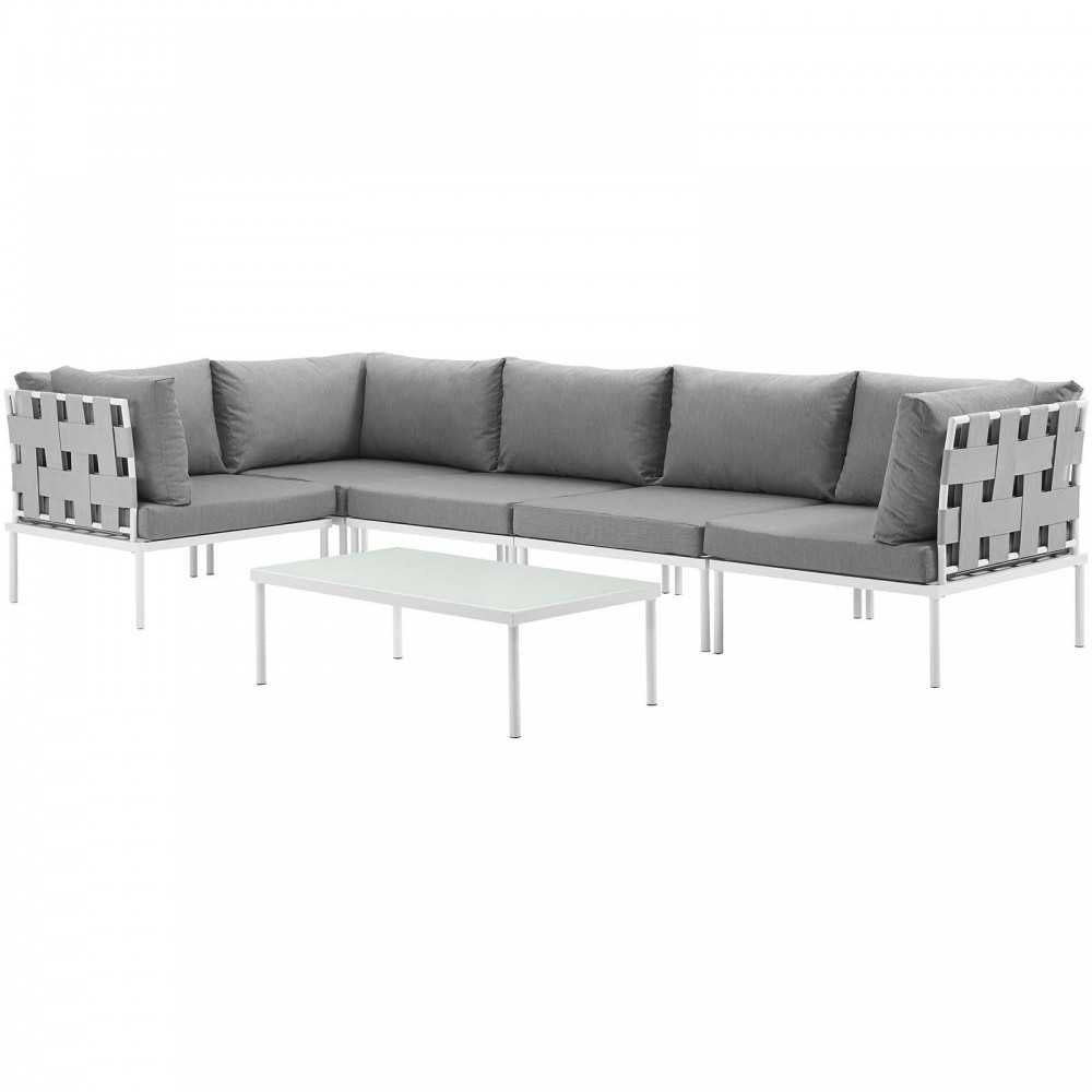 Harmony 6 Piece Outdoor Patio Aluminum Sectional Sofa Set, White Gray, EEI-2627-WHI-GRY-SET