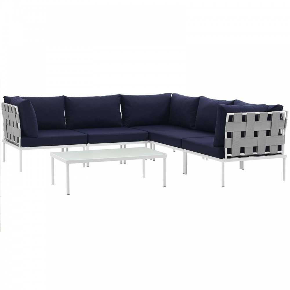 Harmony 6 Piece Outdoor Patio Aluminum Sectional Sofa Set, White Navy, EEI-2627-WHI-NAV-SET