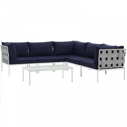 Harmony 6 Piece Outdoor Patio Aluminum Sectional Sofa Set, White Navy, EEI-2627-WHI-NAV-SET