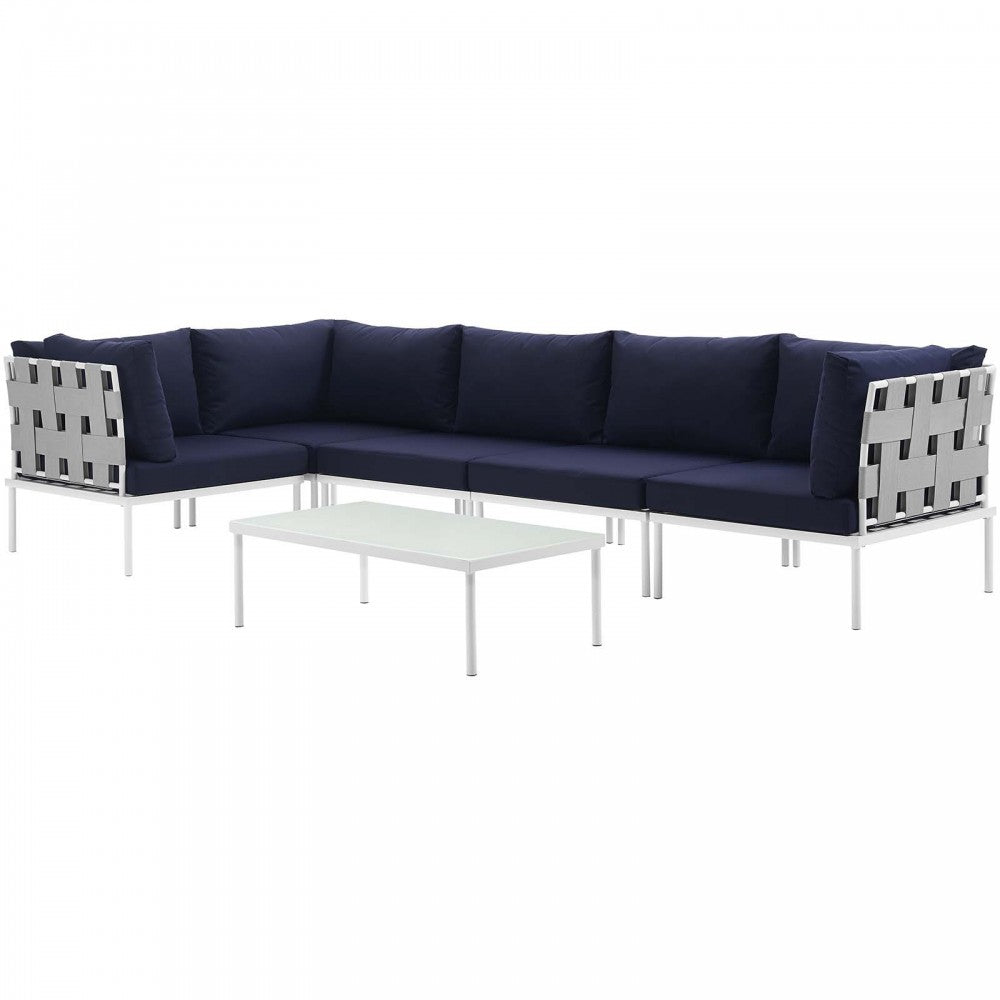 Harmony 6 Piece Outdoor Patio Aluminum Sectional Sofa Set, White Navy, EEI-2627-WHI-NAV-SET