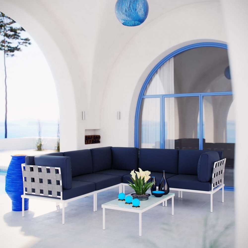 Harmony 6 Piece Outdoor Patio Aluminum Sectional Sofa Set, White Navy, EEI-2627-WHI-NAV-SET