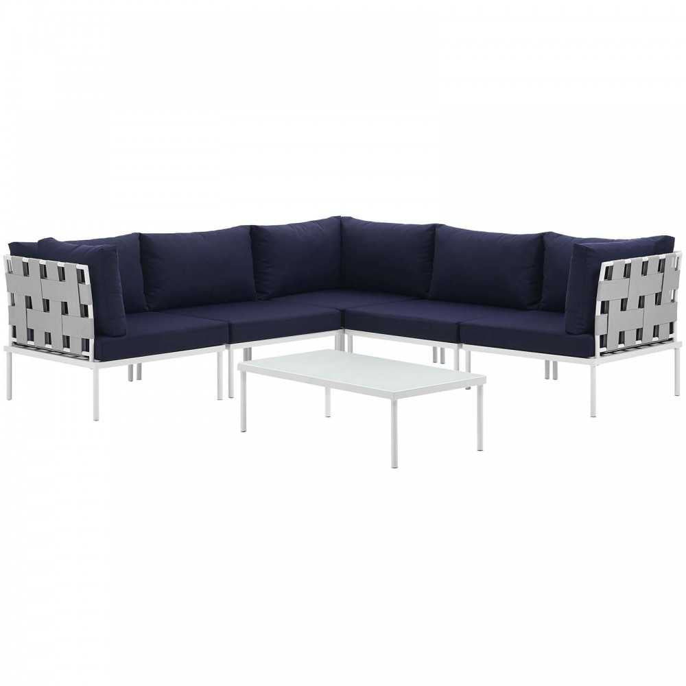 Harmony 6 Piece Outdoor Patio Aluminum Sectional Sofa Set, White Navy, EEI-2627-WHI-NAV-SET