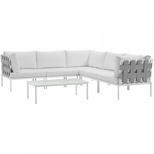 Harmony 6 Piece Outdoor Patio Aluminum Sectional Sofa Set, White White, EEI-2627-WHI-WHI-SET