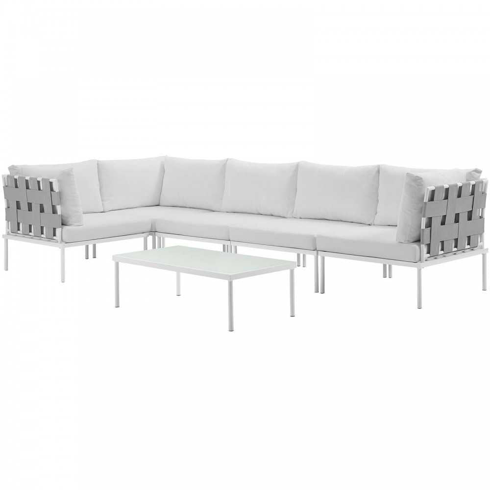 Harmony 6 Piece Outdoor Patio Aluminum Sectional Sofa Set, White White, EEI-2627-WHI-WHI-SET