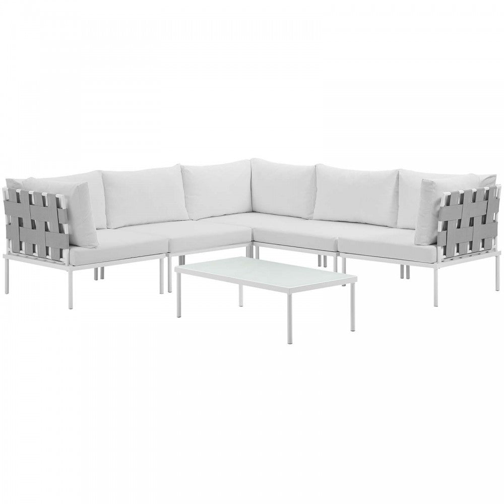 Harmony 6 Piece Outdoor Patio Aluminum Sectional Sofa Set, White White, EEI-2627-WHI-WHI-SET